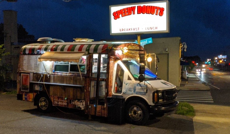 The Tacos Los Potrillos food truck parked in the Speedy Donuts lot on Connecticut Ave, Norwalk
